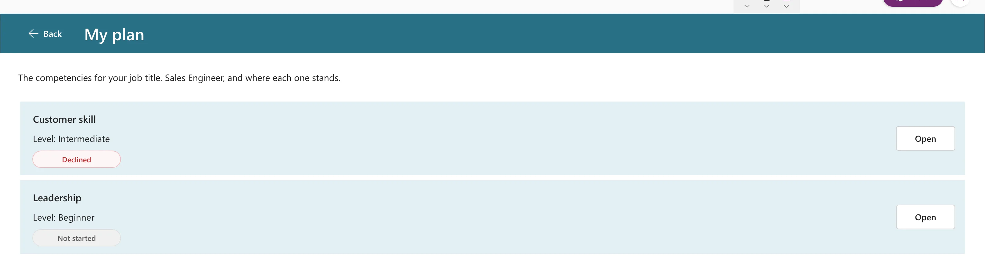 The My plan screen with Customer skill showing a red Declined badge