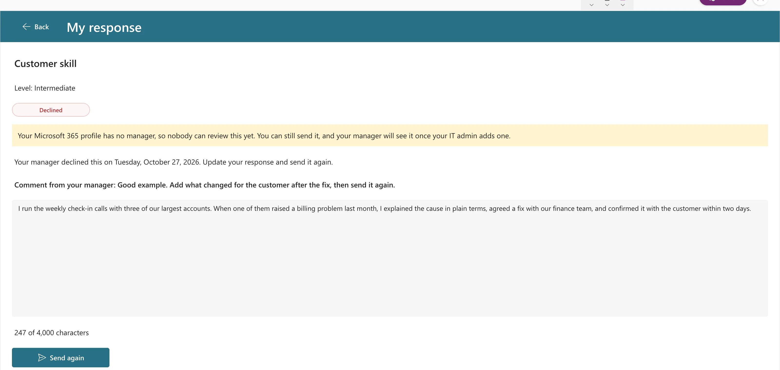 The My response screen for Customer skill, Level Intermediate: a red Declined badge, a yellow note that the profile has no manager, Your manager declined this on Tuesday, October 27, 2026, a bold comment from the manager, the response in a text box, 247 of 4,000 characters and a Send again button