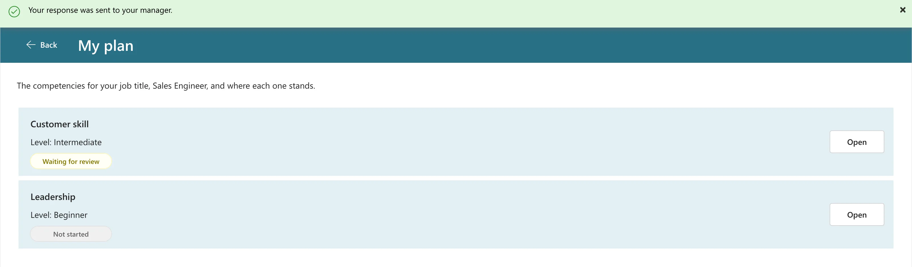 A green banner reading Your response was sent to your manager., above the My plan screen with Customer skill back to Waiting for review