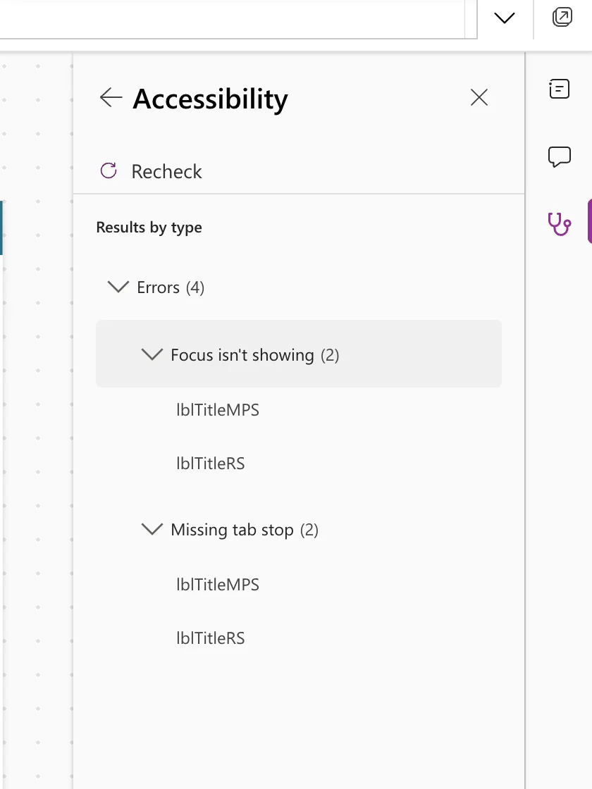 The App checker's Accessibility page: Errors (4), Focus isn't showing (2) on lblTitleMPS and lblTitleRS, and Missing tab stop (2) on the same two controls