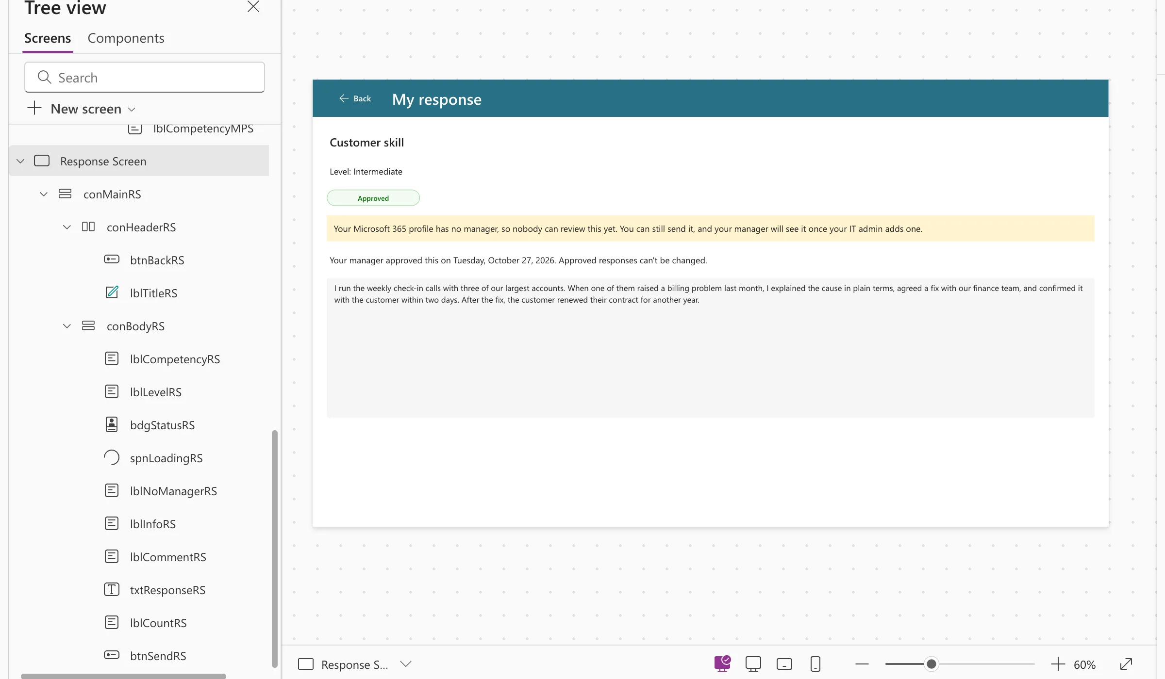 The Response Screen in design view: an empty title, Level:, an AB badge placeholder, the yellow no-manager note, the instruction line, the text box with Write your response, 0 of 4,000 characters and a greyed-out Send to manager button, next to Tree view listing all ten body controls