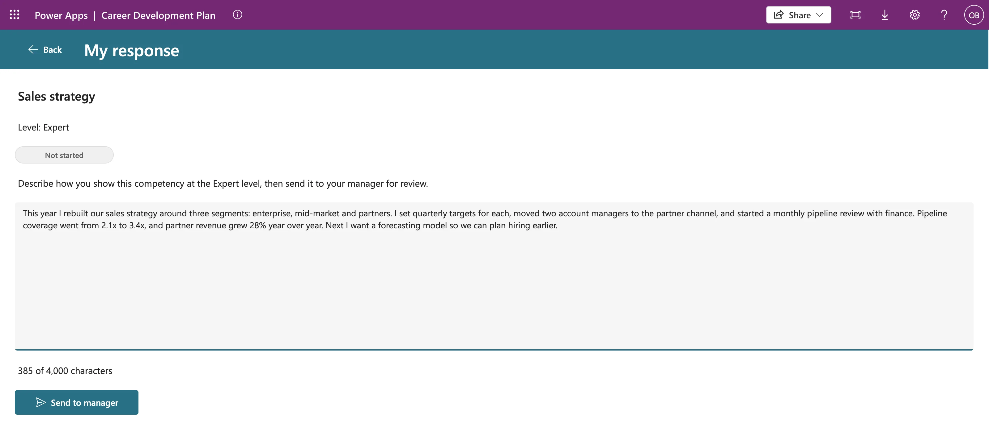 The My response screen for Sales strategy, Level: Expert, Not started, with a 385-character response about rebuilding the sales strategy around three segments, and 385 of 4,000 characters