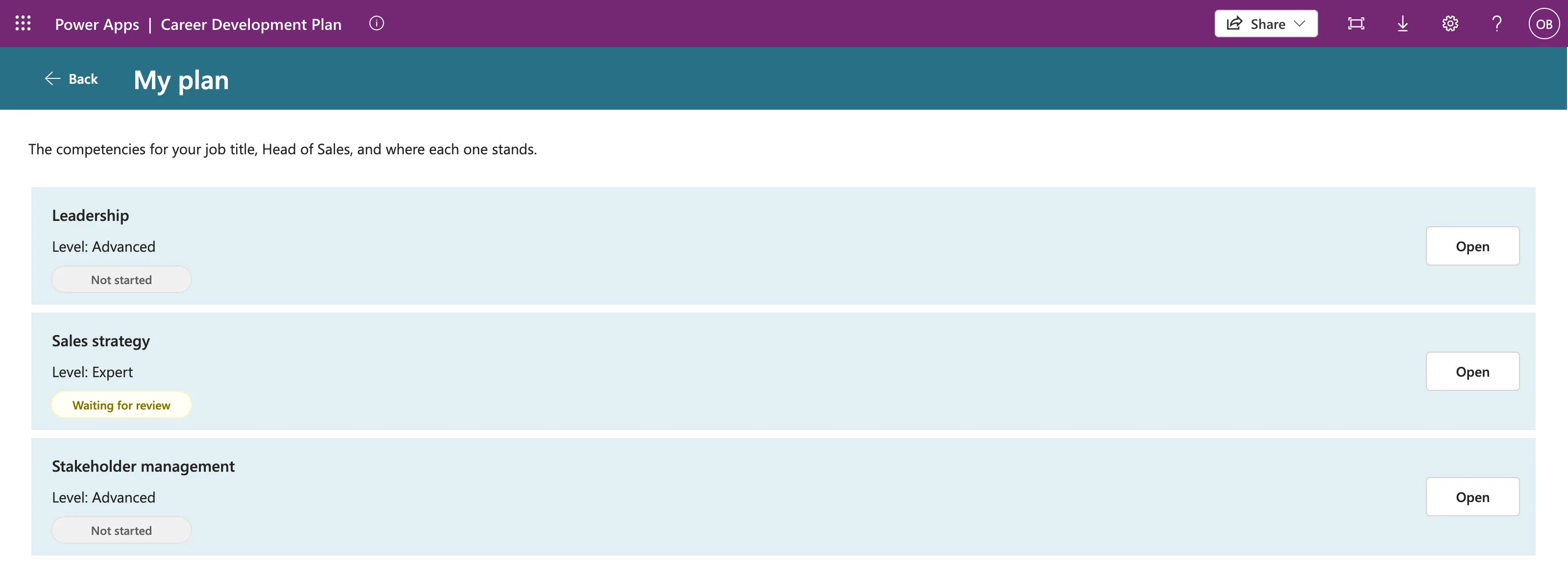 Olivia's My plan screen with a green banner reading Your response was sent to your manager., and Sales strategy now showing Waiting for review