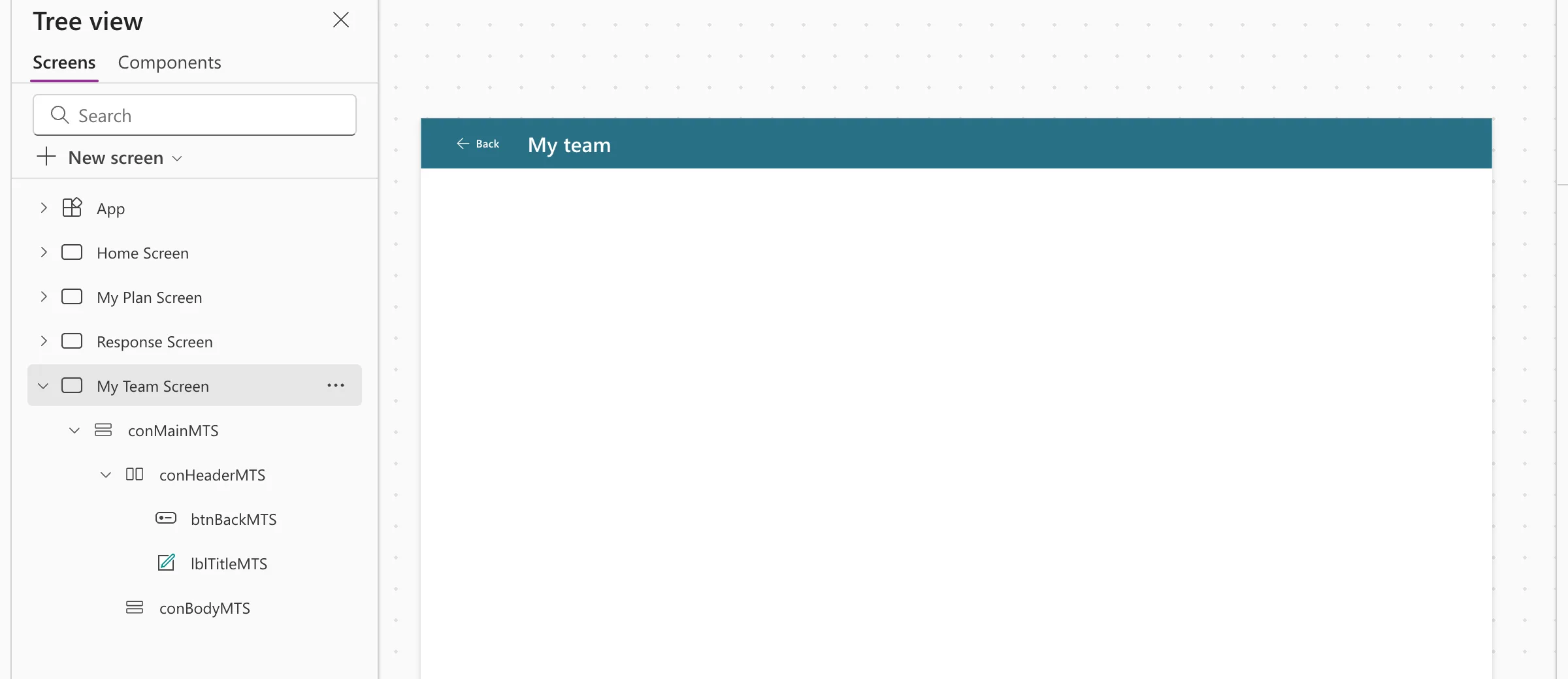 The empty My Team Screen on the canvas with the teal header, a Back button and the title My team, and Tree view showing conMainMTS with conHeaderMTS (btnBackMTS and lblTitleMTS) and conBodyMTS