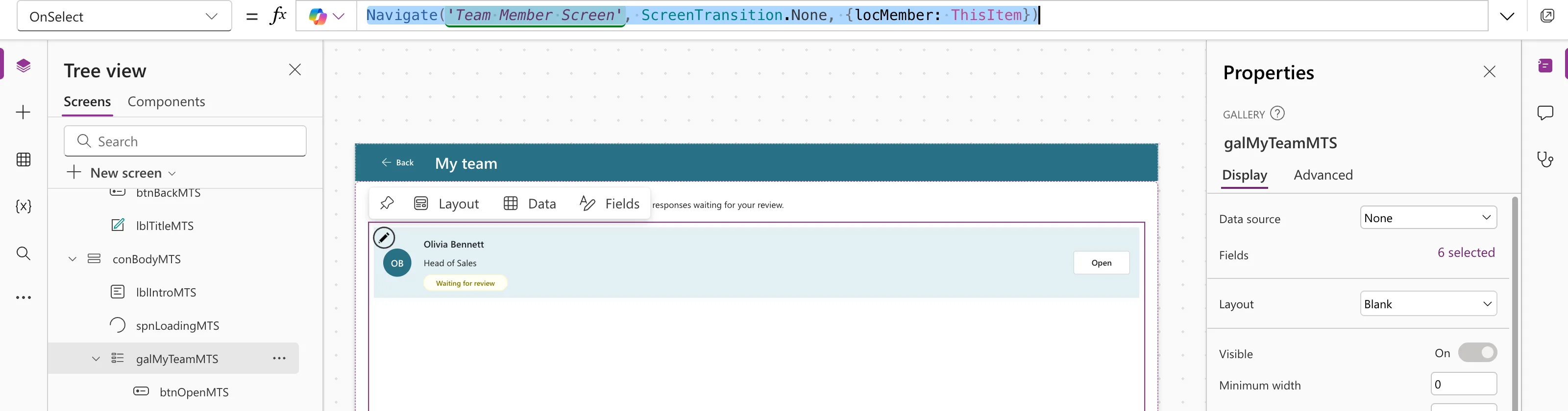 The formula bar with the OnSelect property of galMyTeamMTS set to Navigate to 'Team Member Screen' with ScreenTransition.None and locMember set to ThisItem, and Olivia's row in the gallery