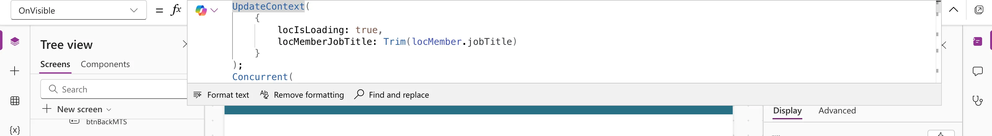 The expanded formula bar with the start of the Team Member screen's OnVisible: UpdateContext setting locIsLoading and locMemberJobTitle, followed by Concurrent