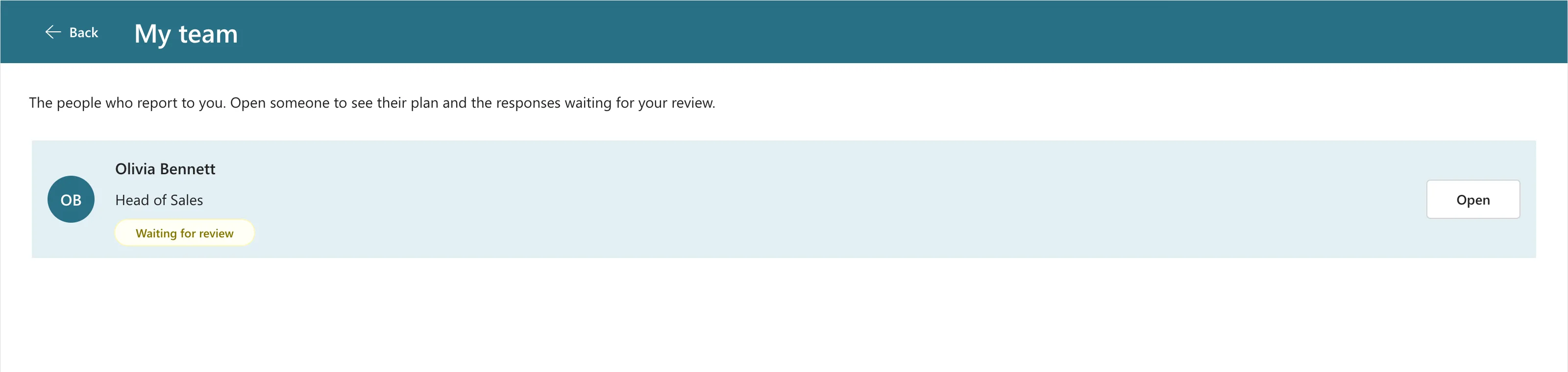 The My team screen in preview: The people who report to you, and Olivia Bennett, Head of Sales, with initials OB, a Waiting for review badge and an Open button