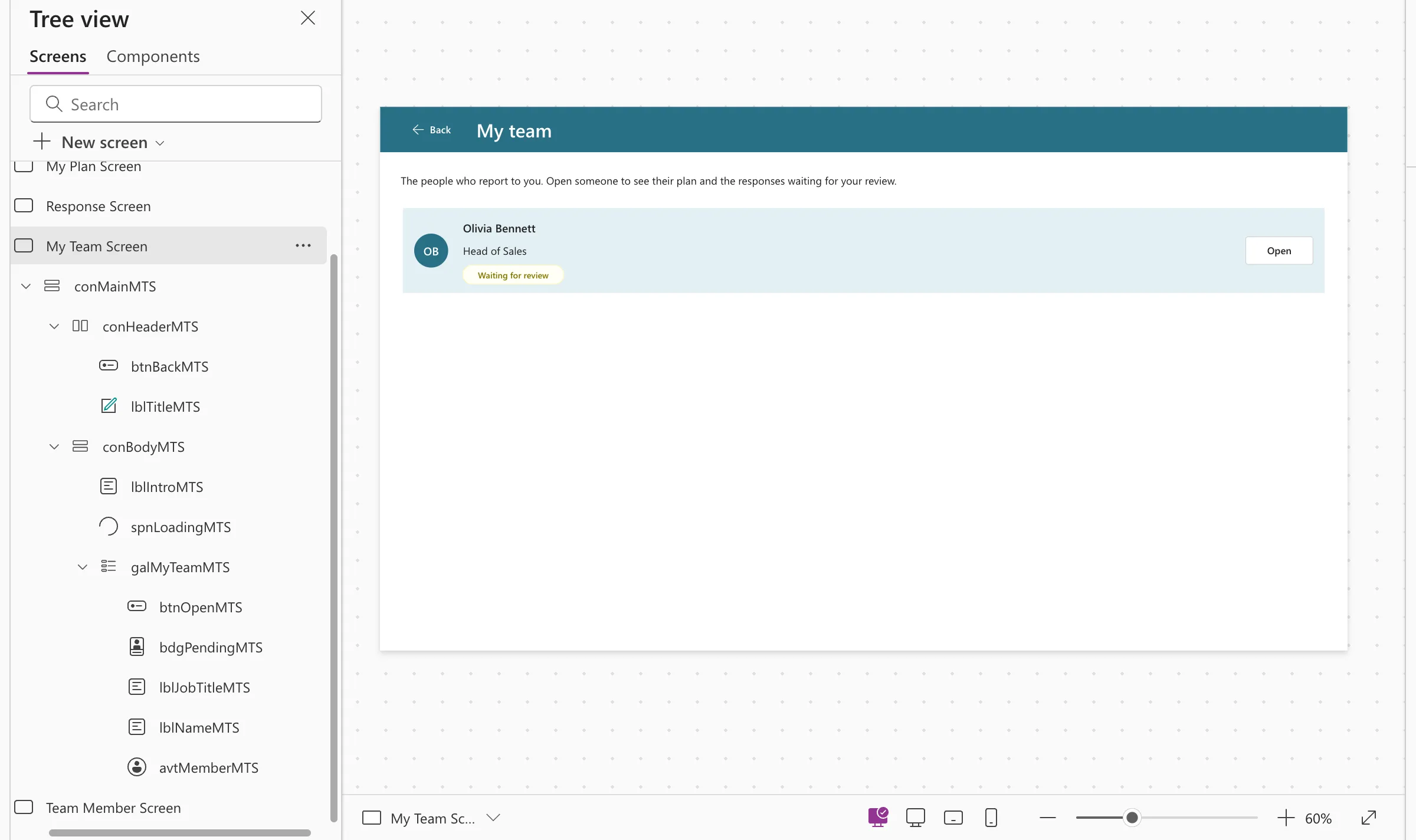 The My Team Screen in Studio with Olivia Bennett's row showing initials OB, Head of Sales, a Waiting for review badge and an Open button, and Tree view showing the screen's controls down to avtMemberMTS