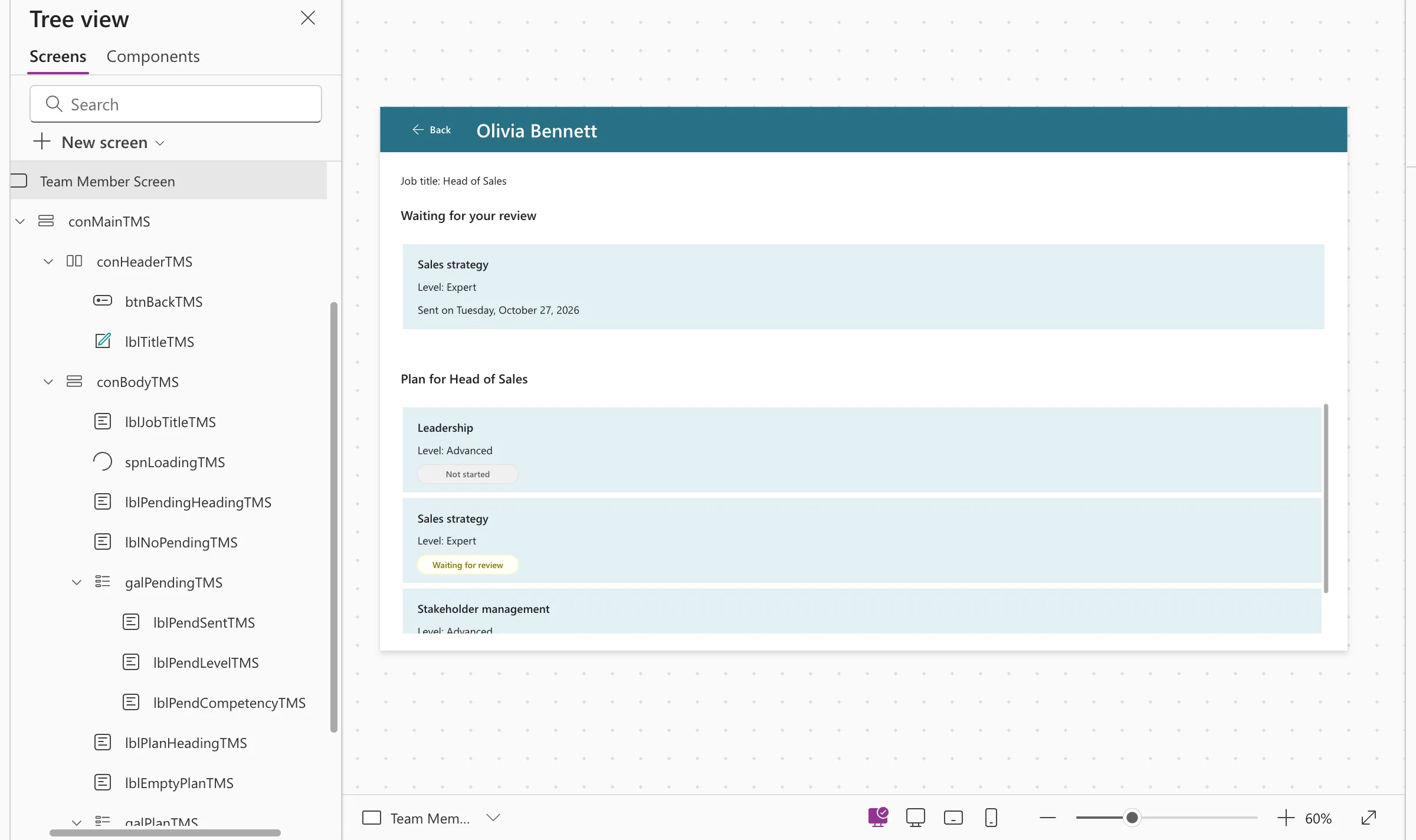The Team Member Screen in Studio with Olivia's Sales strategy waiting for review and her plan, and Tree view listing all the body's controls