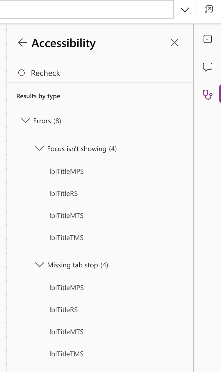 The App checker's Accessibility page: Errors (8), Focus isn't showing (4) and Missing tab stop (4), each on lblTitleMPS, lblTitleRS, lblTitleMTS and lblTitleTMS