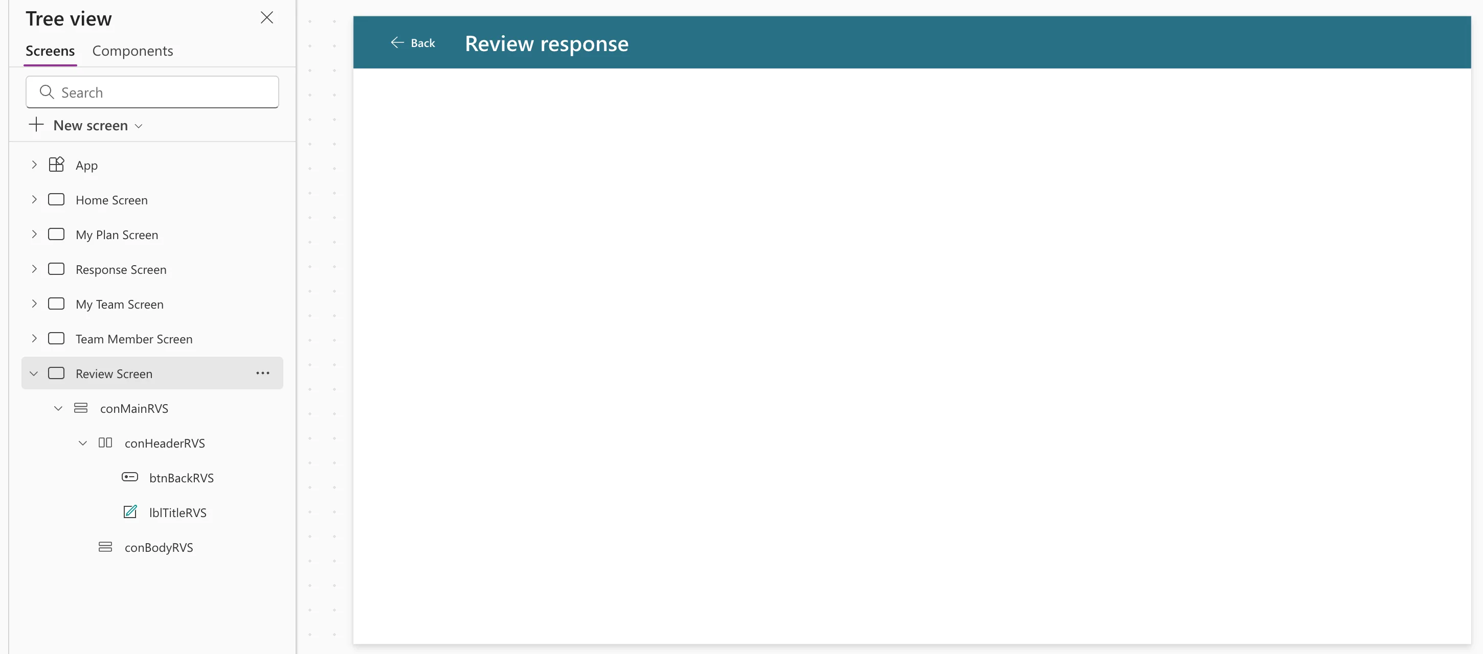 The empty Review Screen on the canvas with the teal header, Back and Review response, and Tree view showing conMainRVS with conHeaderRVS (btnBackRVS and lblTitleRVS) and conBodyRVS