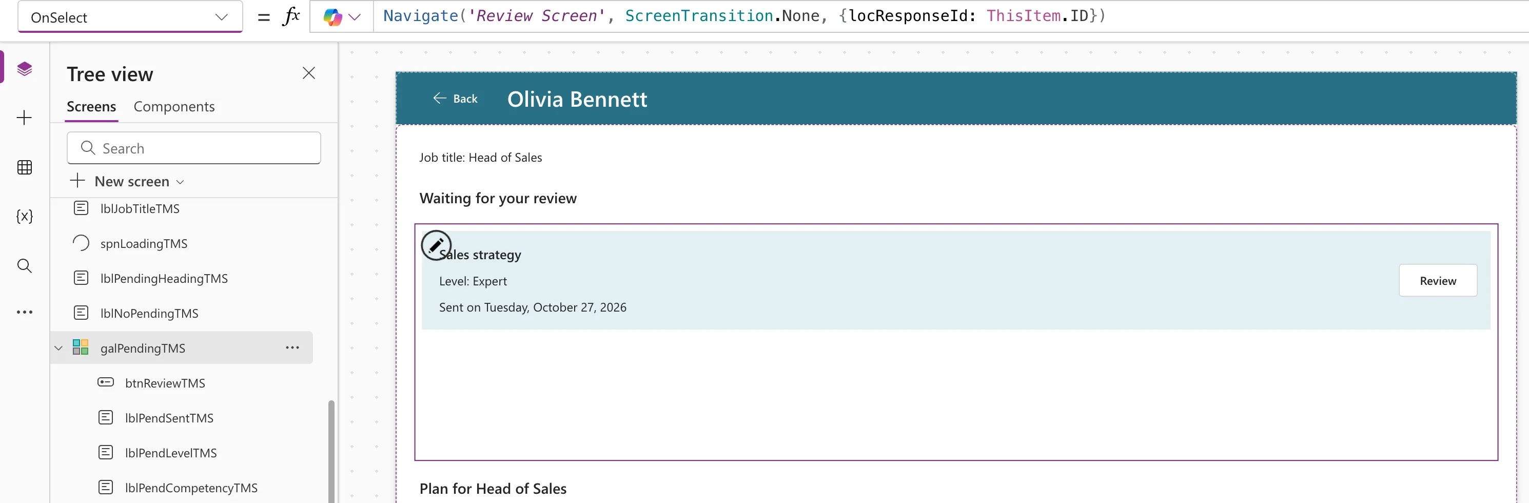 The formula bar with the gallery's OnSelect set to Navigate to 'Review Screen' with locResponseId set to ThisItem.ID, the Sales strategy row with a Review button, and Tree view showing btnReviewTMS inside galPendingTMS