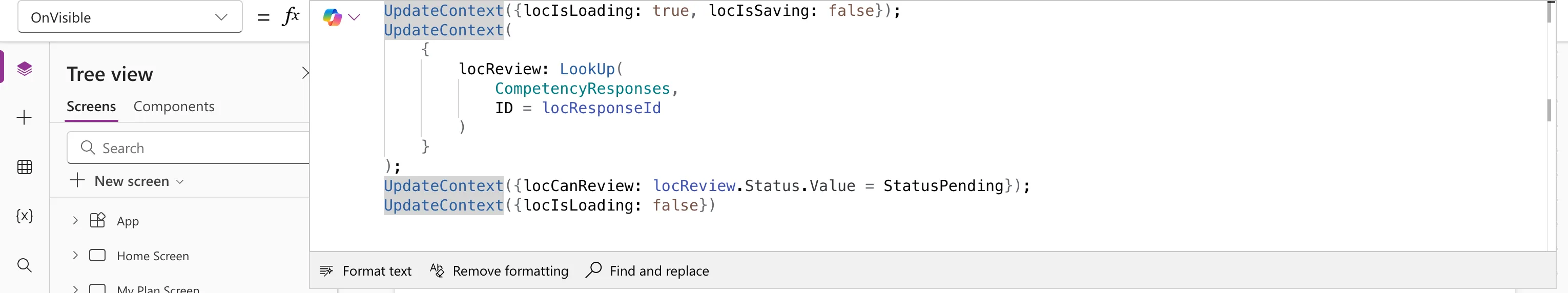 The expanded formula bar with the Review screen's OnVisible: locIsLoading and locIsSaving, locReview from a LookUp in CompetencyResponses where ID = locResponseId, locCanReview from the status, and locIsLoading set to false