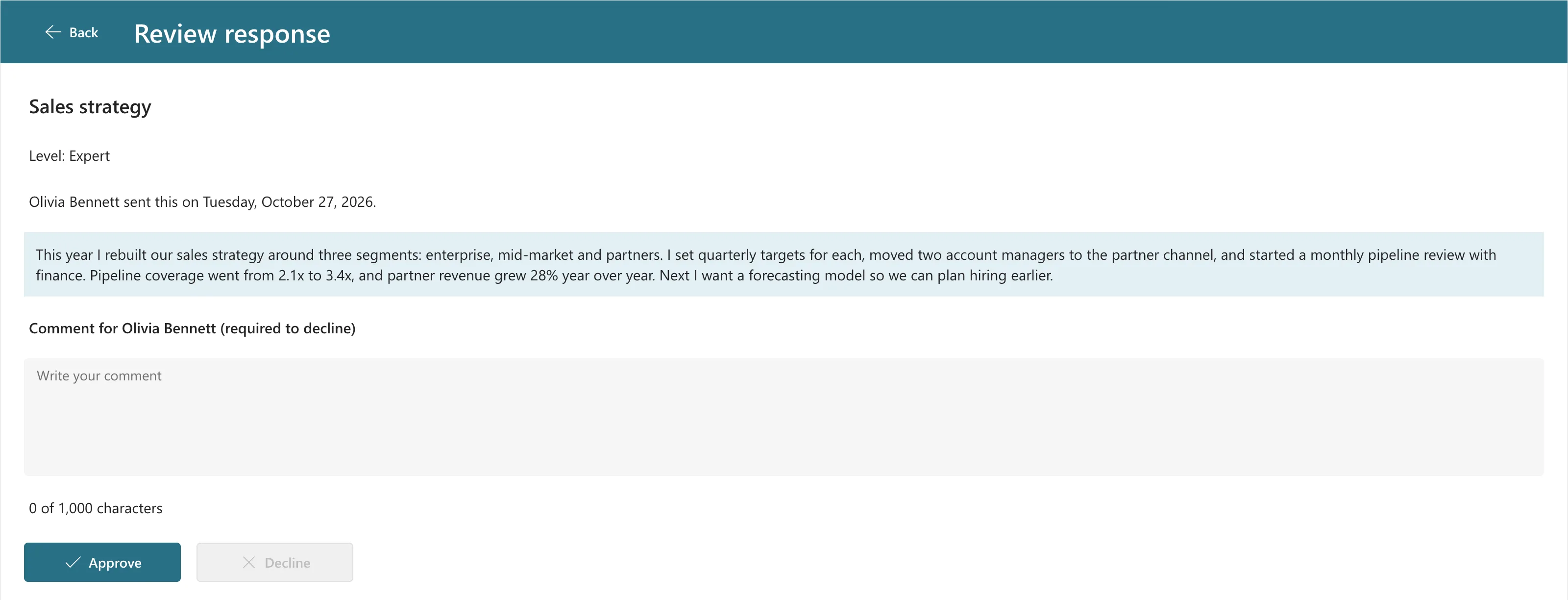 The Review screen in preview with Olivia's Sales strategy response, an empty comment box, 0 of 1,000 characters, Approve enabled and Decline greyed out