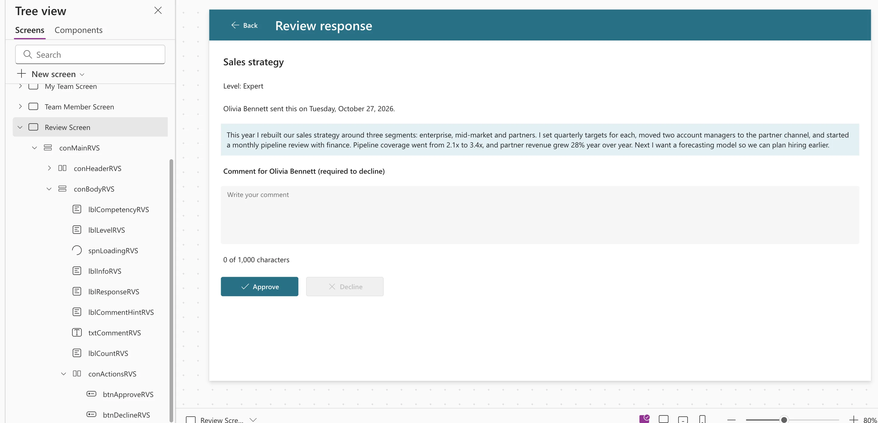 The Review Screen in Studio showing Sales strategy, Level: Expert, Olivia Bennett sent this on Tuesday, October 27, 2026, her response, the comment label, an empty comment box, 0 of 1,000 characters and Approve and Decline buttons, next to Tree view listing all the screen's controls
