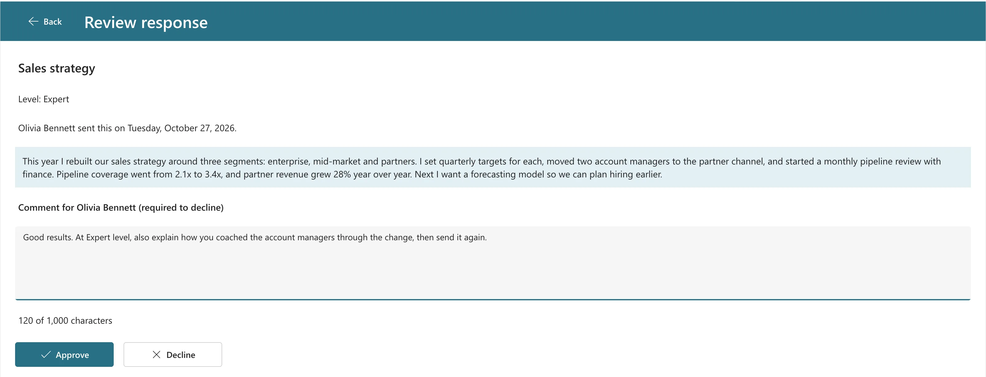 The Review response screen for Sales strategy, Level: Expert, Olivia Bennett sent this on Tuesday, October 27, 2026, her response in a shaded box, the comment Good results. At Expert level, also explain how you coached the account managers through the change, then send it again., 120 of 1,000 characters, and the Approve and Decline buttons
