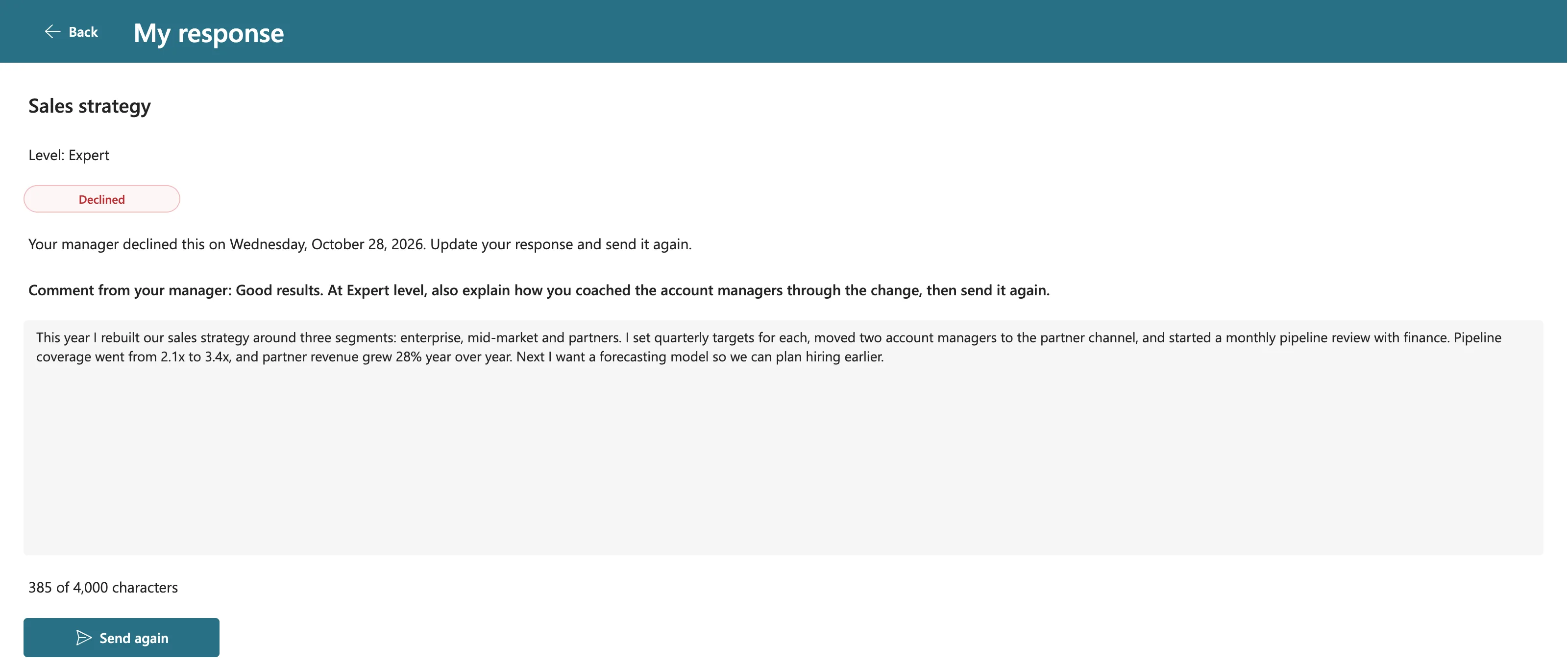 Olivia's My response screen for Sales strategy with a Declined badge, Your manager declined this on Wednesday, October 28, 2026. Update your response and send it again., the comment from her manager in bold, her editable response and Send again