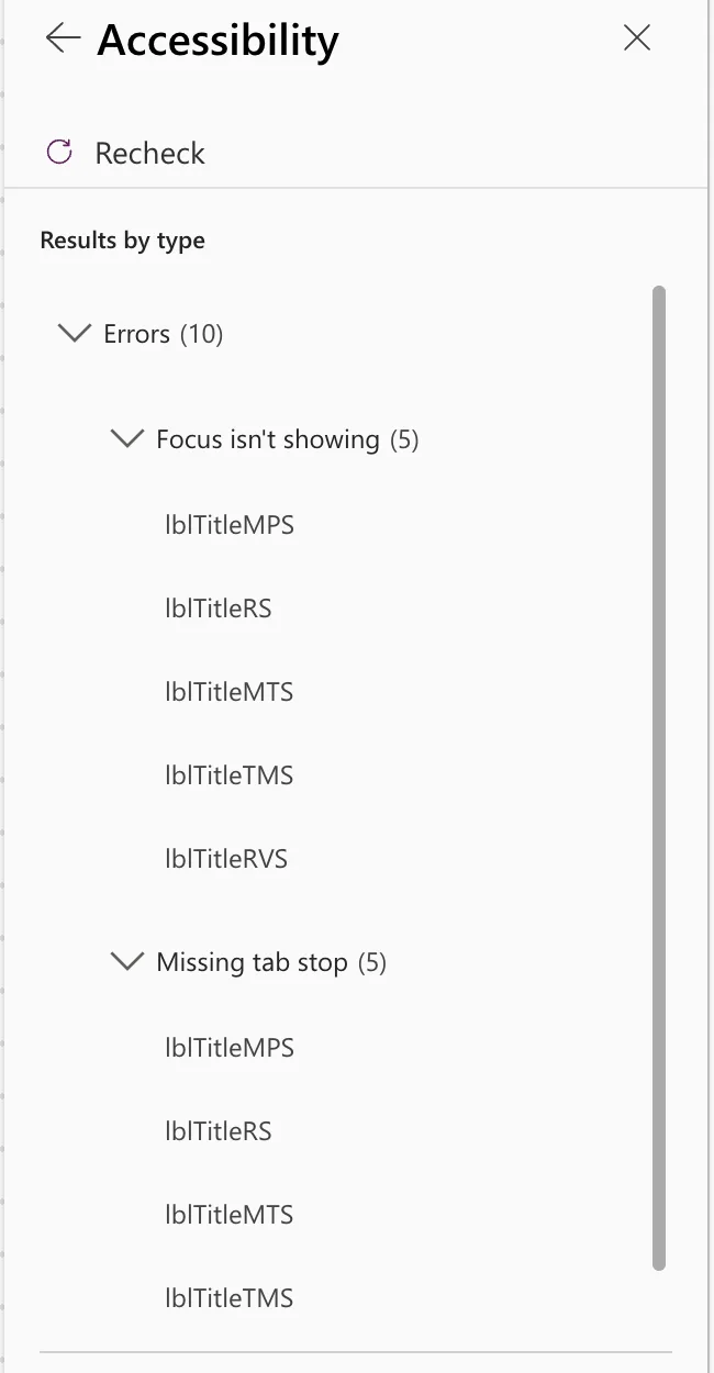 The App checker's Accessibility pane with Errors (10): Focus isn't showing (5) and Missing tab stop (5), both on lblTitleMPS, lblTitleRS, lblTitleMTS, lblTitleTMS and lblTitleRVS