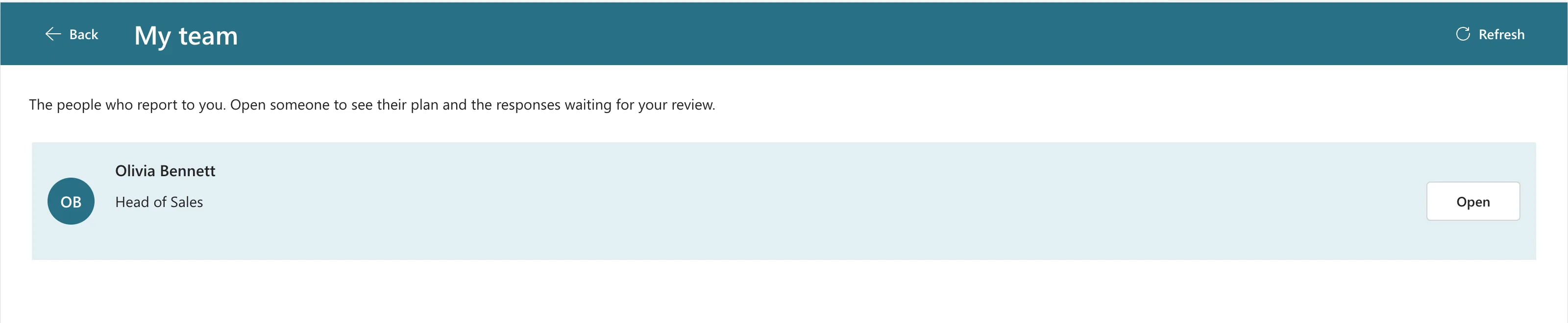 The My team screen with a Refresh button in the header, and Olivia Bennett, Head of Sales, with no badge