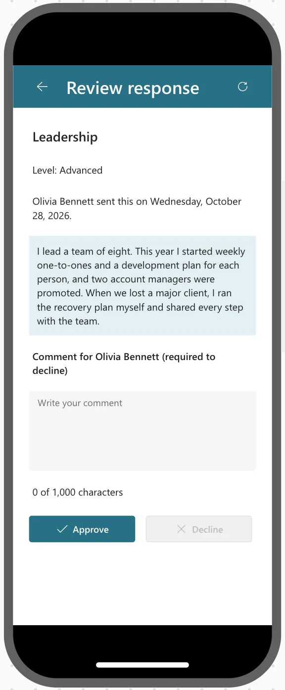 A phone preview of the Review screen with a back arrow, the title Review response on one line and a refresh icon