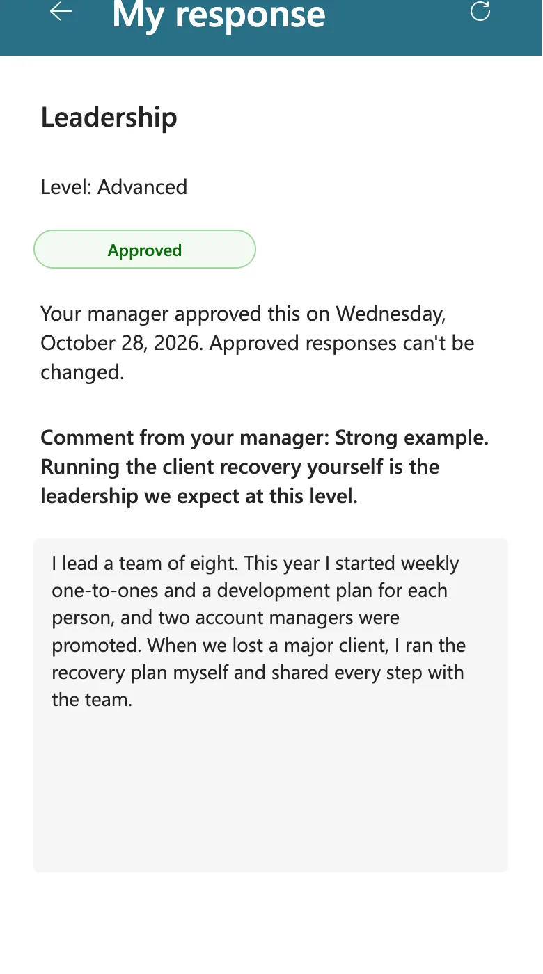 The published app at phone width: the My response header with a back arrow, the title and a refresh icon, above Olivia's approved Leadership response and the manager's comment