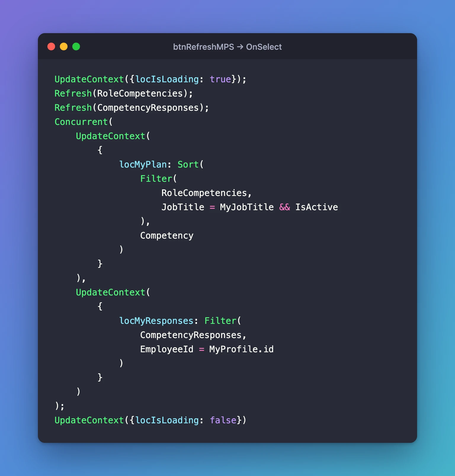 A code window titled btnRefreshMPS → OnSelect: UpdateContext sets locIsLoading to true, Refresh runs on RoleCompetencies and CompetencyResponses, Concurrent loads locMyPlan and locMyResponses, and locIsLoading is set back to false
