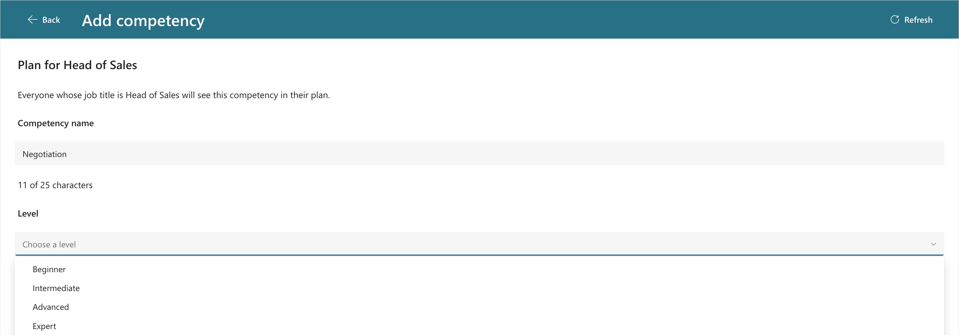 The Add competency screen with Negotiation typed as the name and the Level combo box open below it, listing Beginner, Intermediate, Advanced and Expert