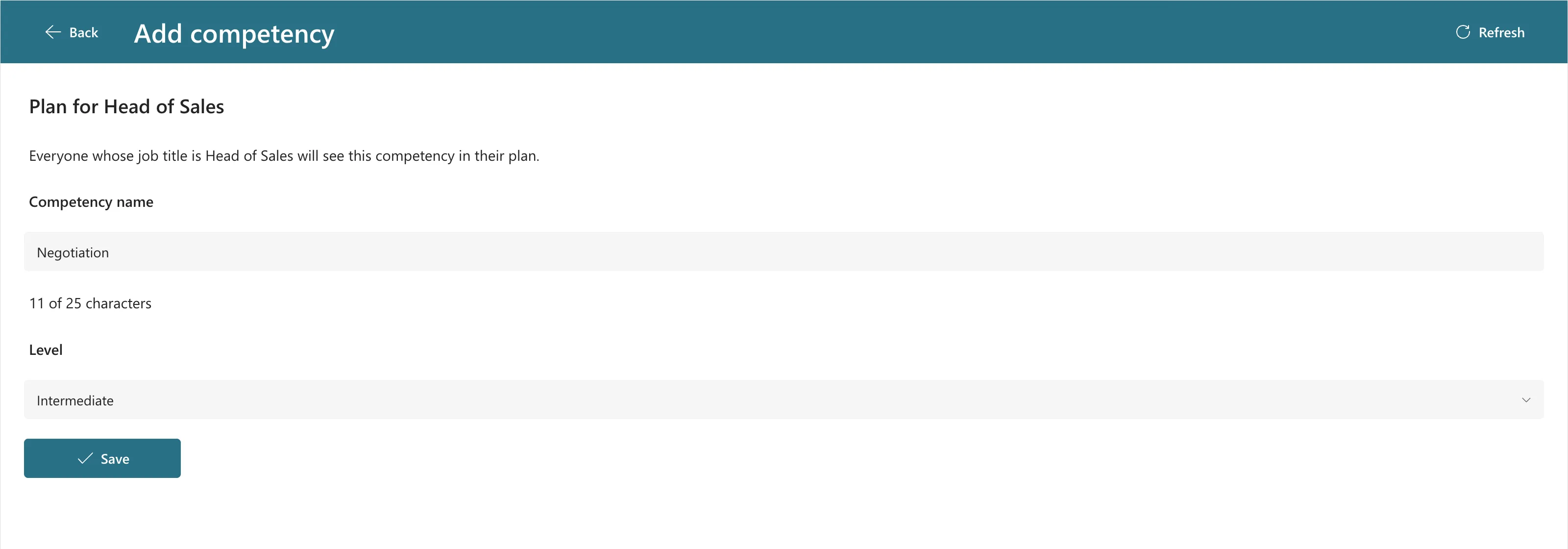 The Add competency screen with Negotiation, 11 of 25 characters, the level Intermediate and an enabled Save button