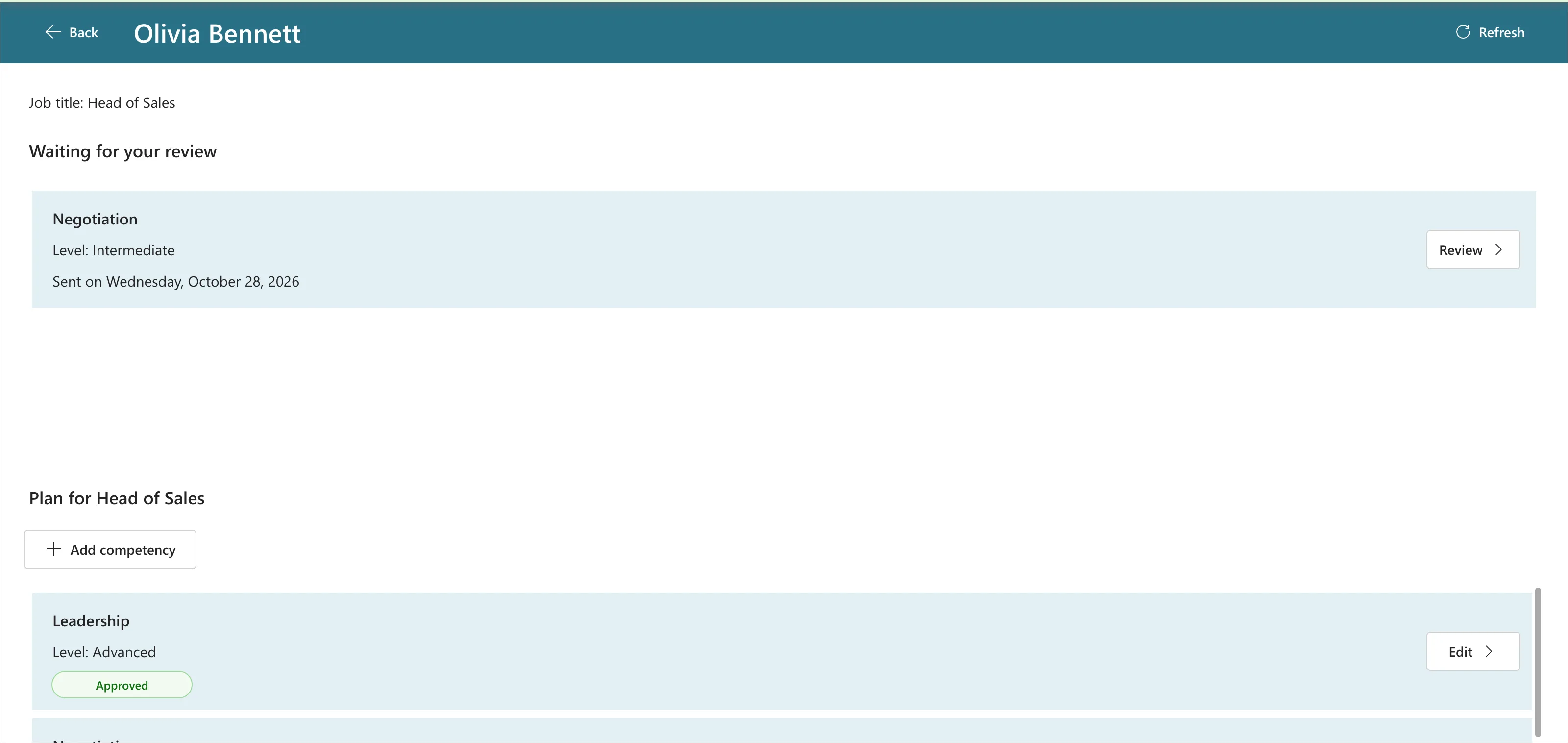 The Team Member screen with Negotiation, Level: Intermediate, Sent on Wednesday, October 28, 2026 waiting for review, and the plan for Head of Sales starting with Leadership, Approved