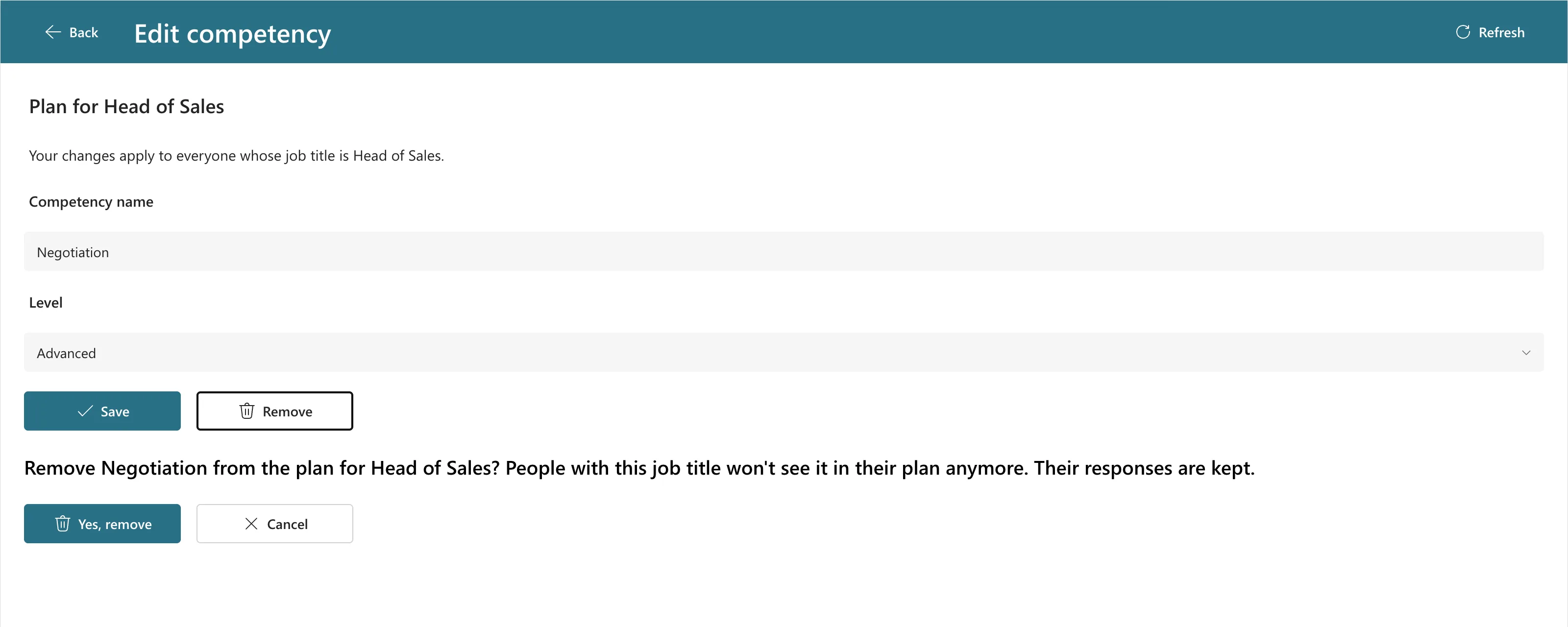 The Edit competency screen with Save and Remove, then the question Remove Negotiation from the plan for Head of Sales? People with this job title won't see it in their plan anymore. Their responses are kept., then Yes, remove and Cancel