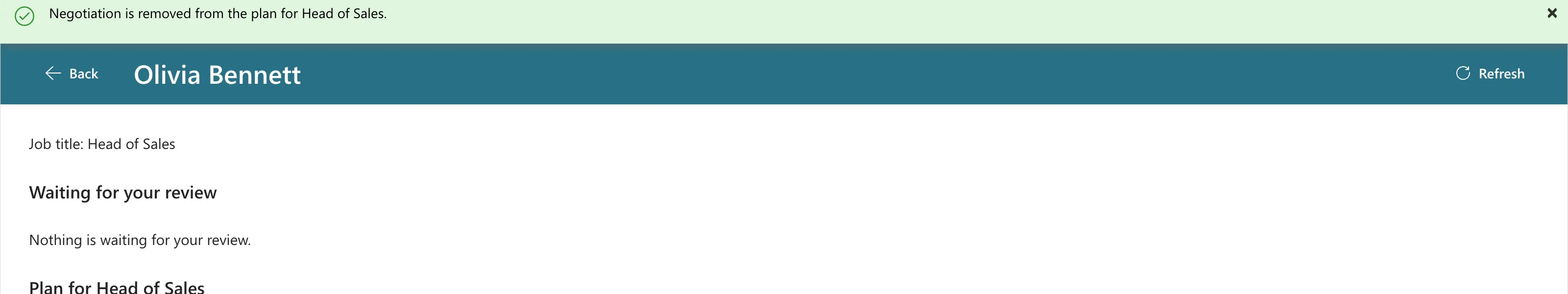 A green banner reading Negotiation is removed from the plan for Head of Sales. above the Team Member screen