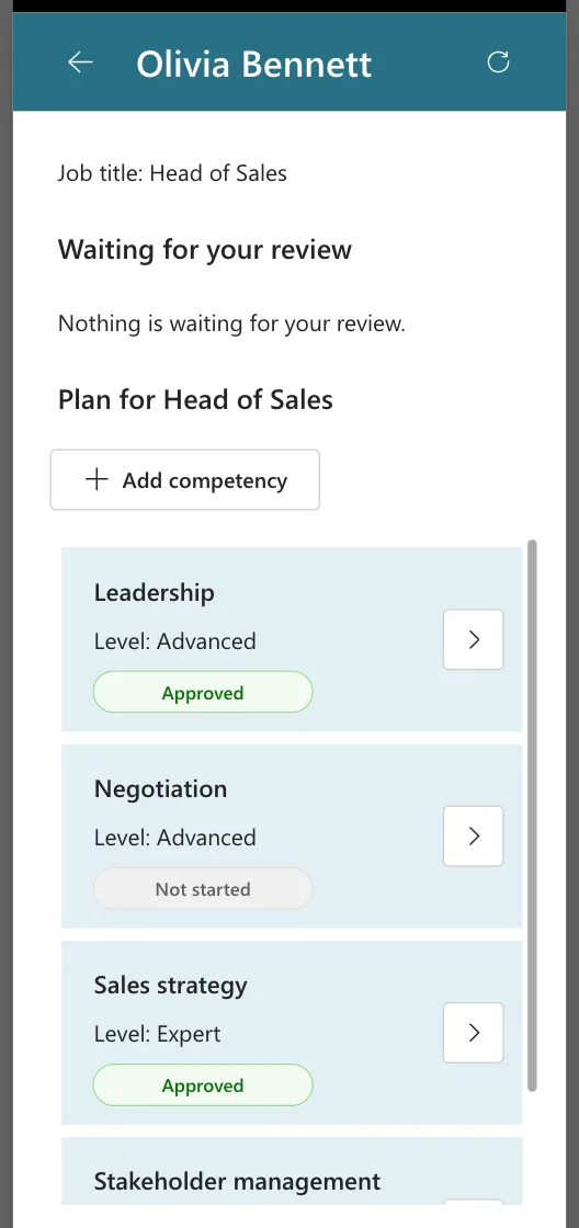 The Team Member screen at 360 pixels with the Add competency button and plan rows with chevron buttons