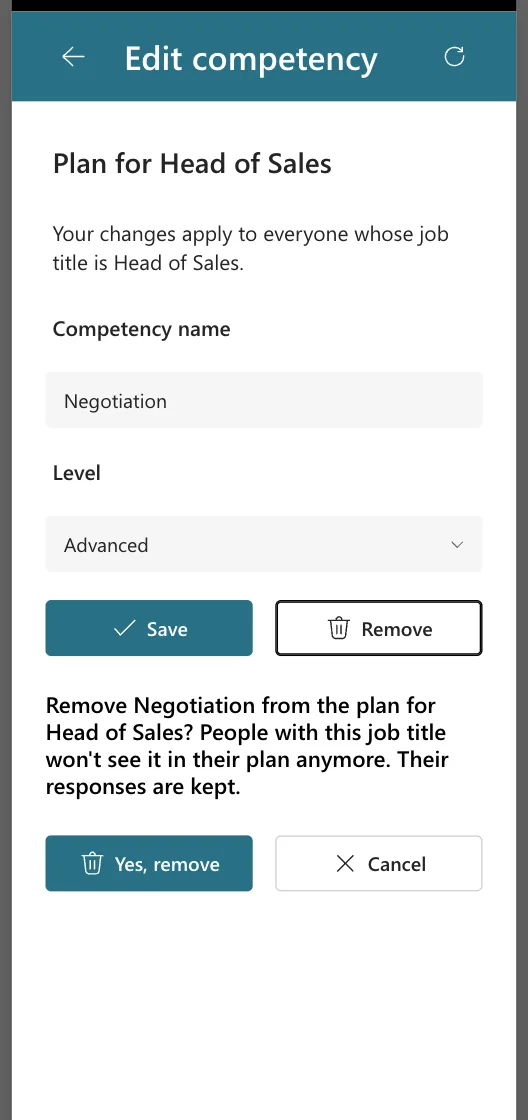 The Edit competency screen at 360 pixels with Save and Remove side by side, the question on four lines, and Yes, remove and Cancel side by side, all inside the margins