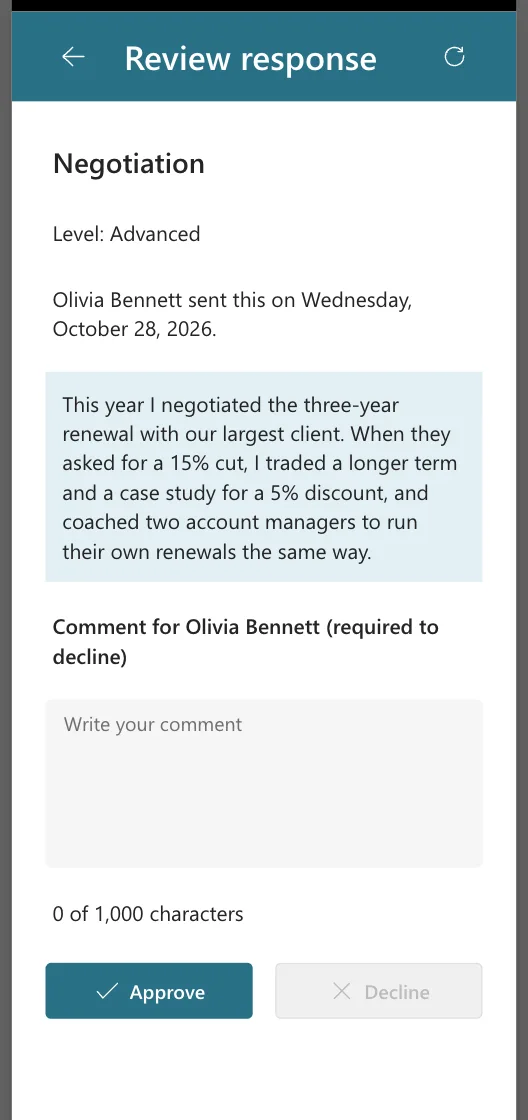 The Review response screen at 360 pixels for Negotiation at Advanced with Olivia's response, the comment box and the Approve and Decline buttons side by side