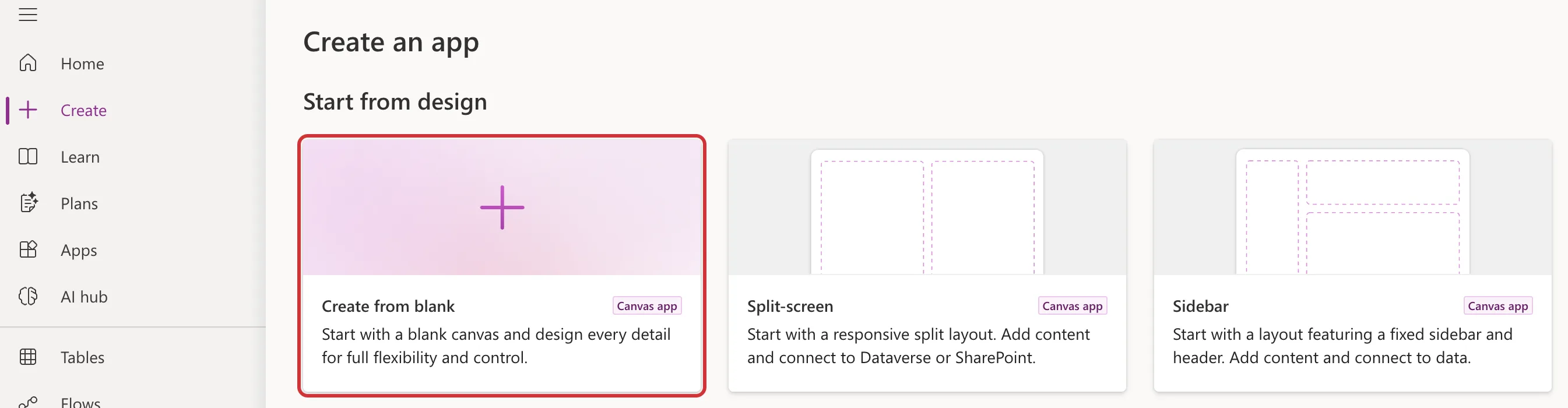 The Create an app page in Power Apps, with Create selected in the left navigation and the Create from blank canvas app card outlined in red under Start from design