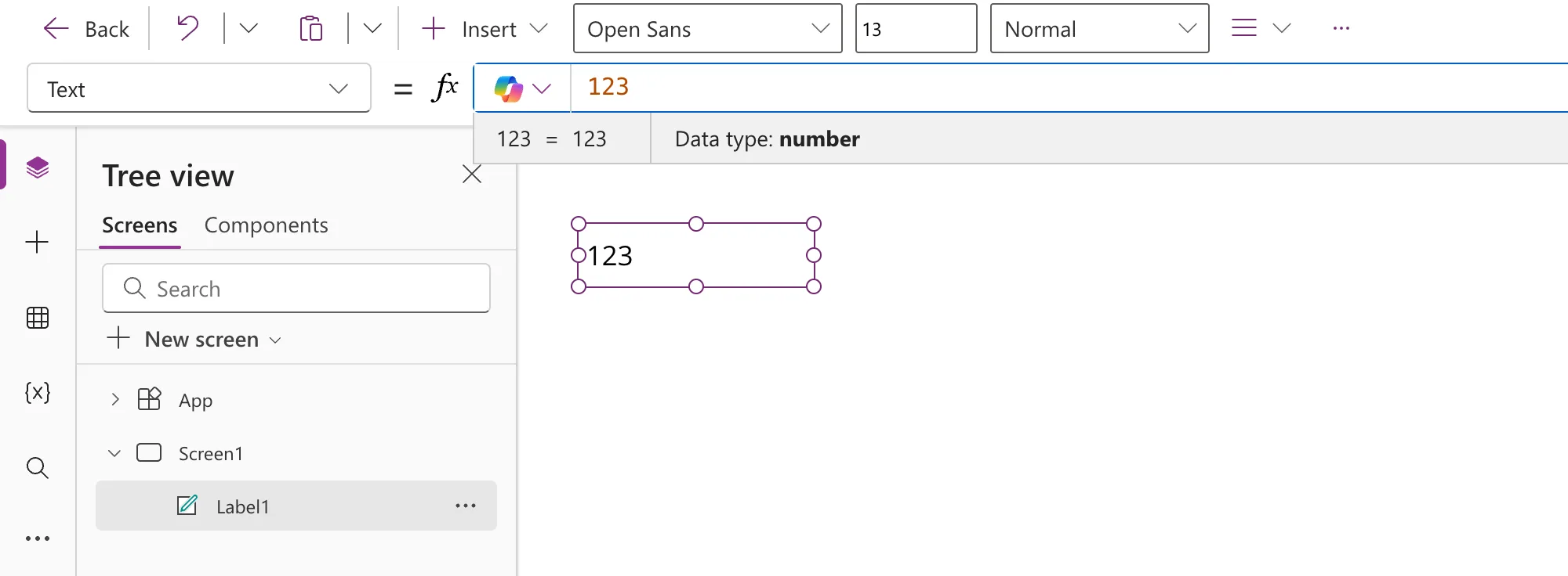 The formula bar with the formula 123, a preview strip underneath reading 123 = 123 and Data type: number, and Label1 on the canvas showing 123