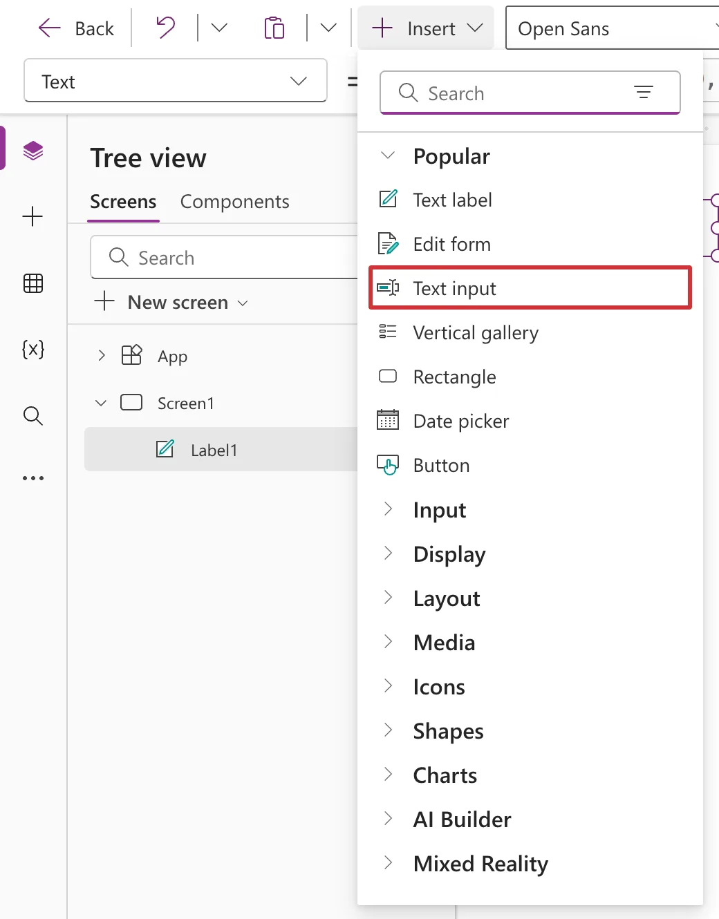 The Insert menu with the Popular list open and Text input outlined in red, below Text label and Edit form