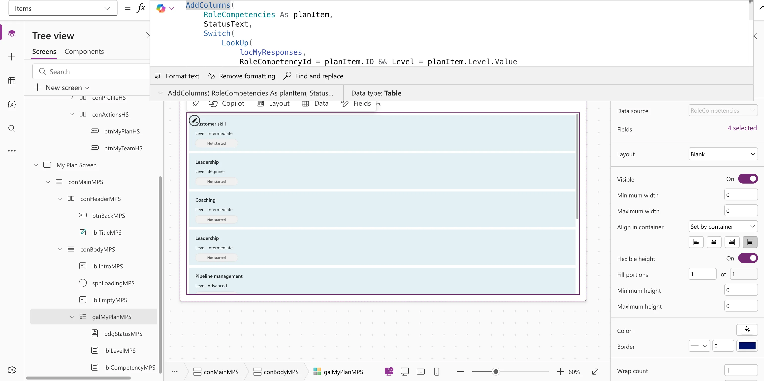 The expanded formula bar with AddColumns(RoleCompetencies As planItem, StatusText, Switch(LookUp(locMyResponses, ...))), Data type Table, and gallery rows each with a Not started badge under the competency and level