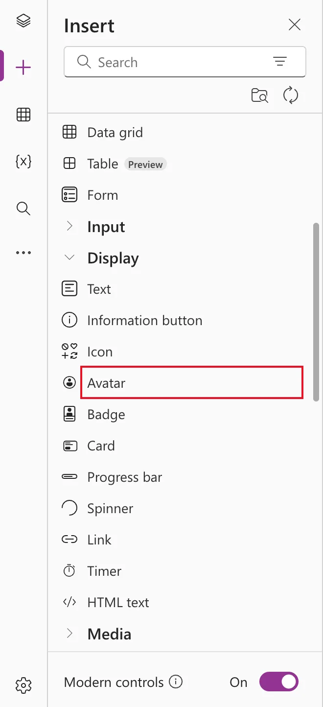 The Insert pane with the Display category open, listing Text, Information button, Icon, Avatar, Badge, Card, Progress bar, Spinner, Link, Timer and HTML text, with Avatar outlined in red