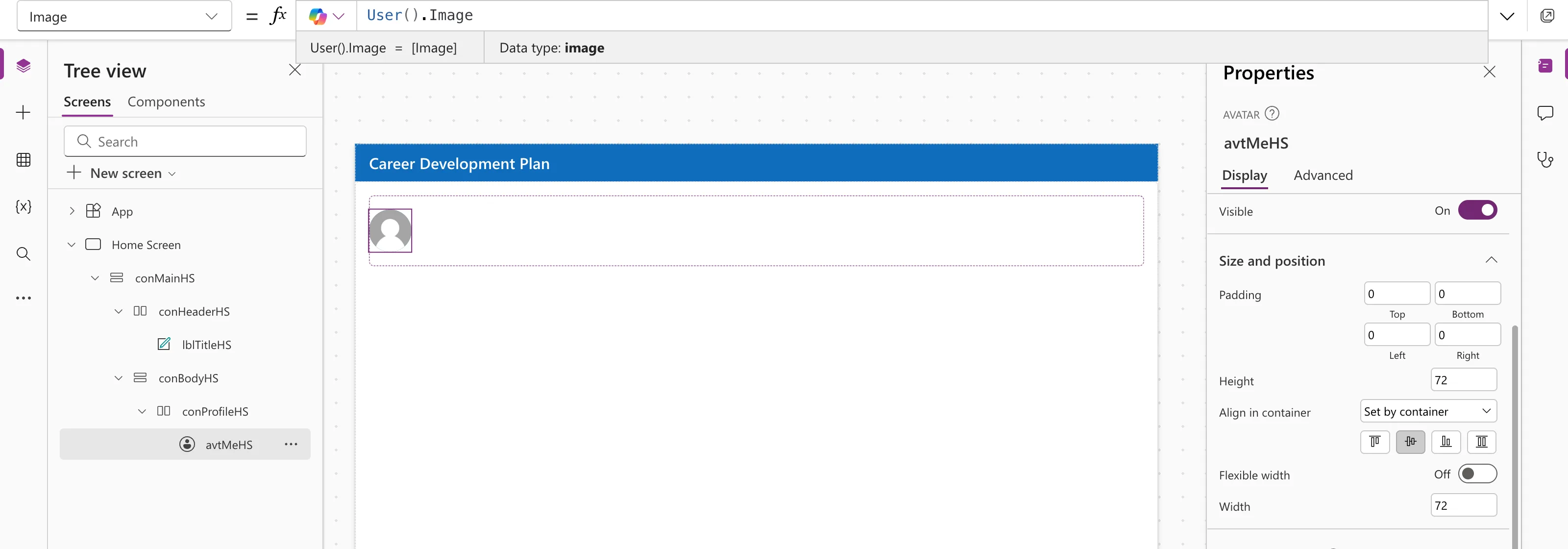 The formula bar with the Image property of avtMeHS set to User().Image, the preview strip showing [Image] with Data type image, and a grey person icon in the avatar on the canvas