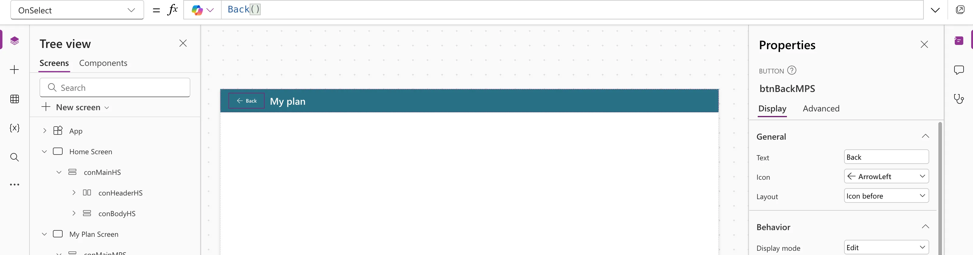 The formula bar with the OnSelect property of btnBackMPS set to Back(), and the My Plan screen's teal header with the Back button and the title My plan