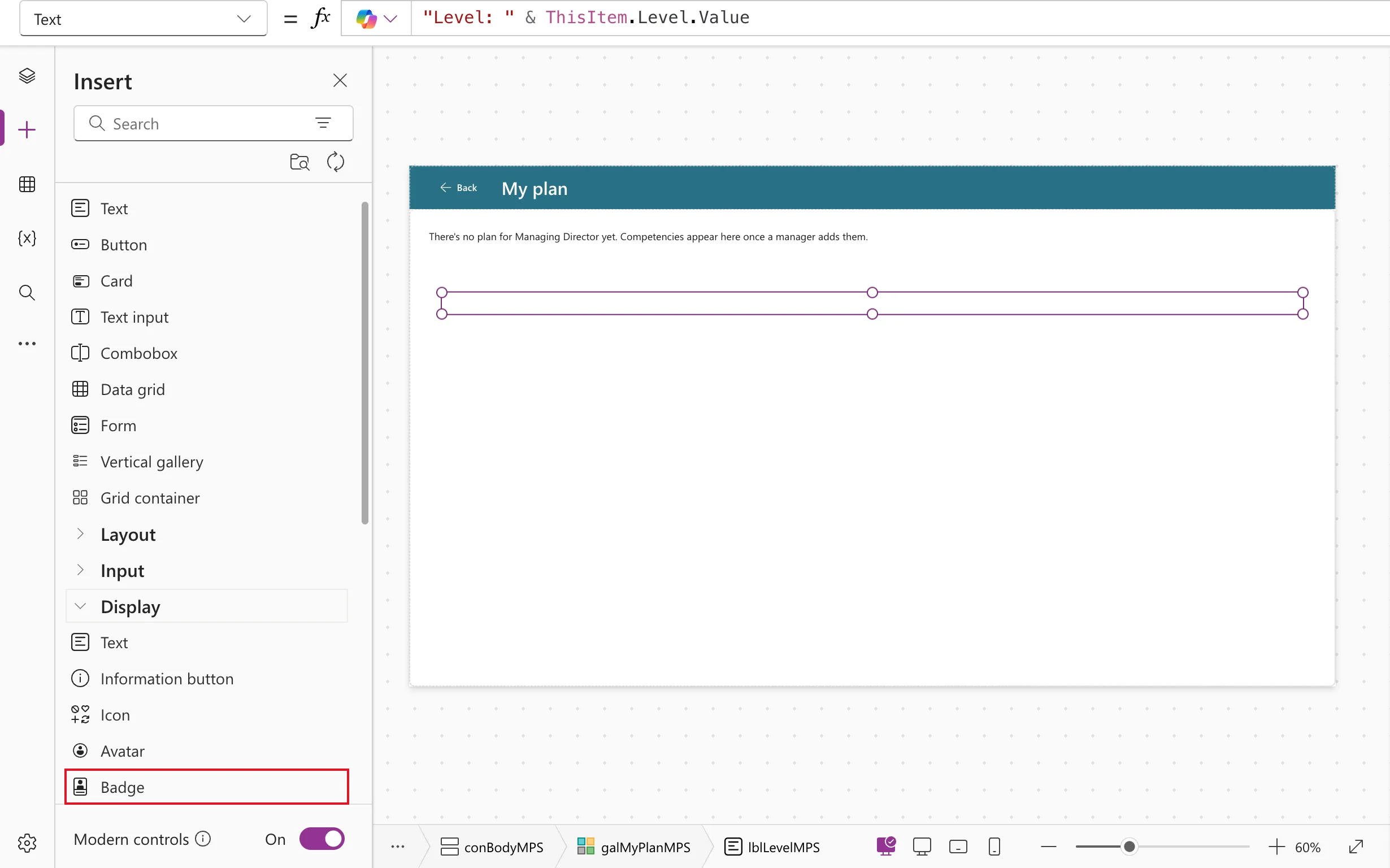 The Insert pane with the Display category listing Text, Information button, Icon, Avatar and Badge, with Badge outlined in red, next to the My Plan screen on the canvas