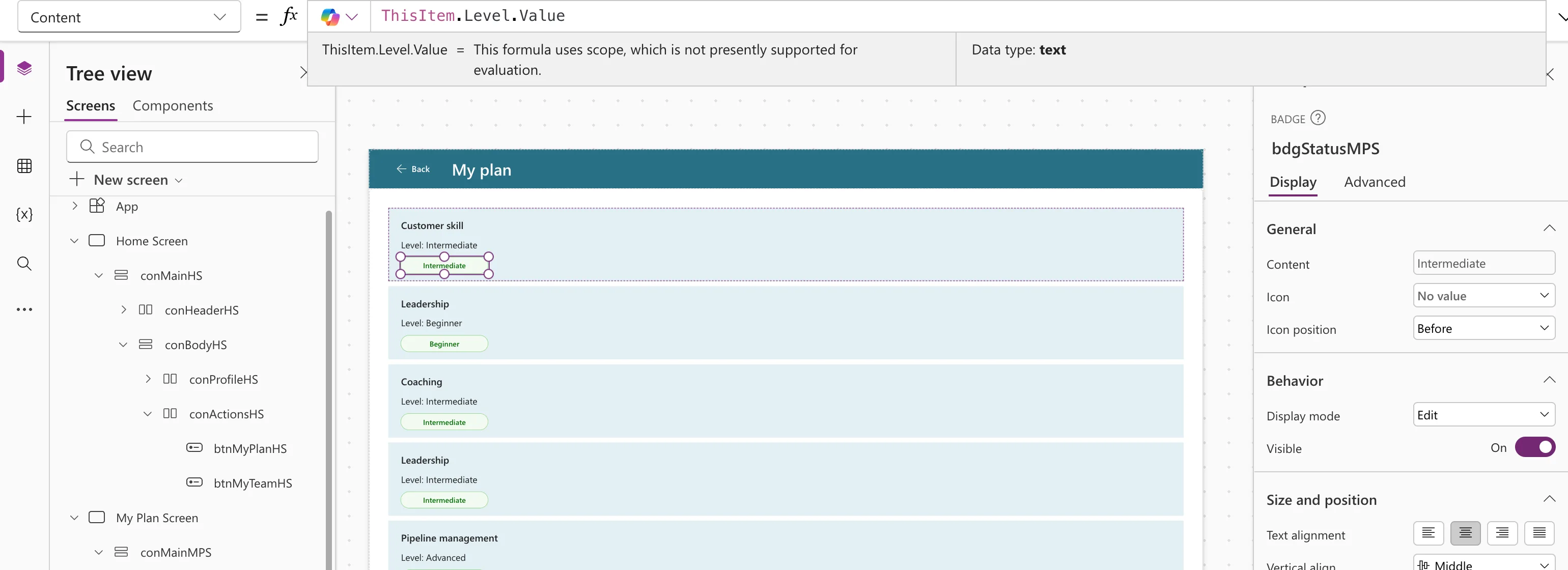 The formula bar with the Content property of the badge set to ThisItem.Level.Value with Data type text, and the gallery's badges reading Intermediate, Beginner, Intermediate and Intermediate