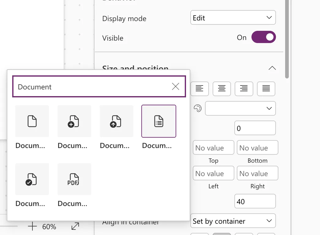 The icon picker filtered with the search text Document, showing six document icons, with the document bullet list icon selected