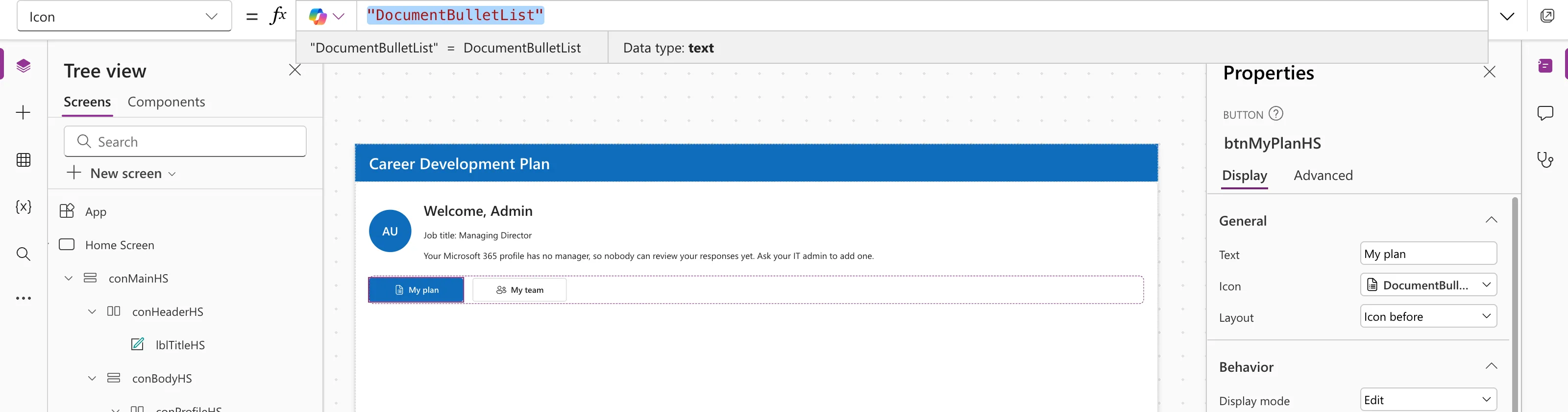 The formula bar with the Icon property of btnMyPlanHS set to "DocumentBulletList", and the properties pane showing Text My plan, Icon DocumentBull... and Layout Icon before