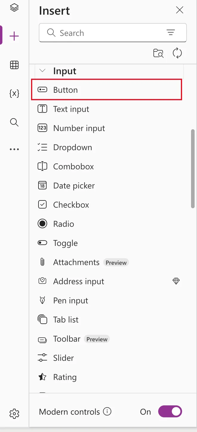 The Insert pane with the Input category open, listing Button, Text input, Number input, Dropdown, Combobox, Date picker, Checkbox, Radio, Toggle, Attachments (Preview), Address input, Pen input, Tab list, Toolbar (Preview), Slider and Rating, with Button outlined in red