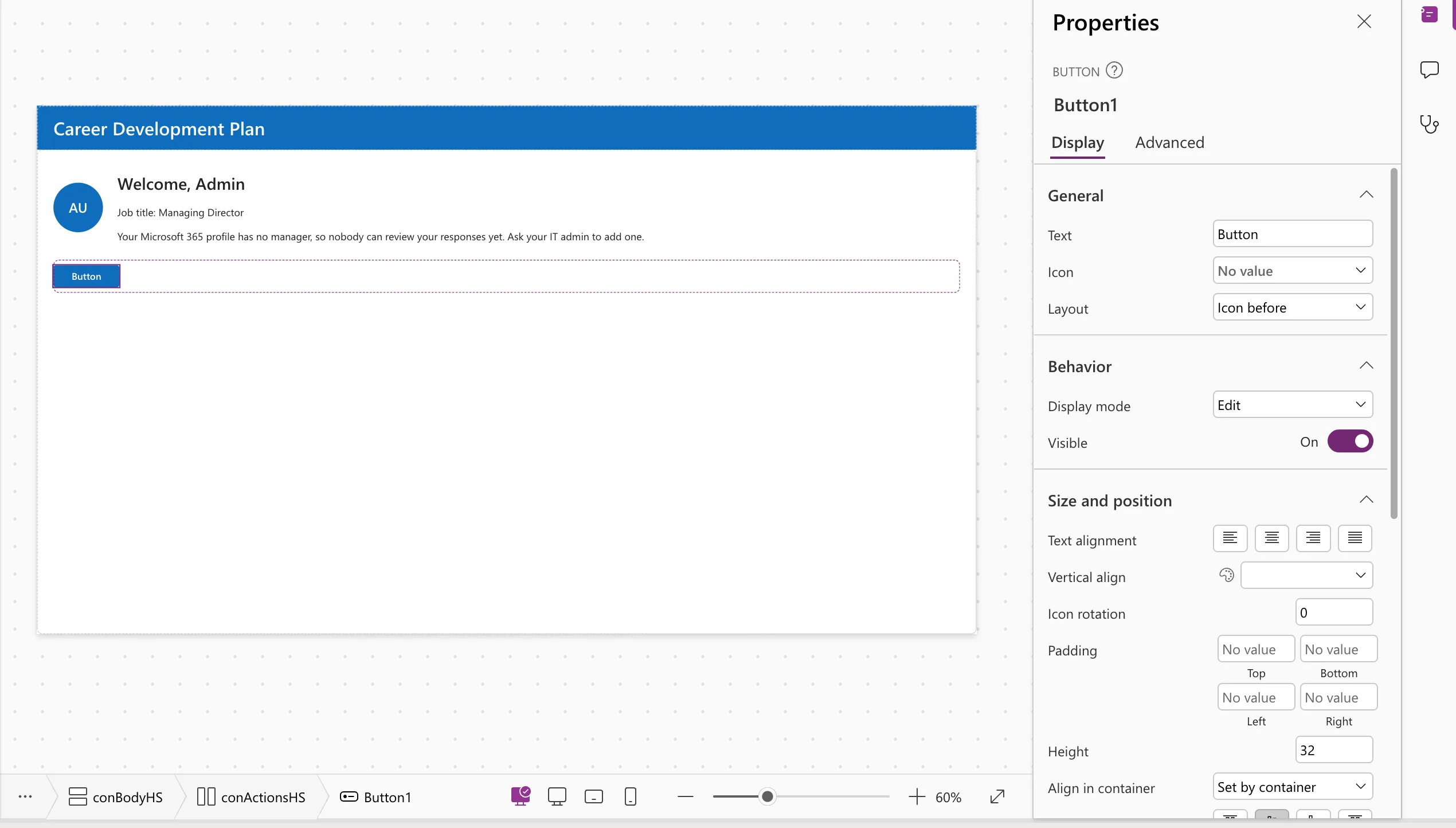 A new button reading Button in the row container, with the properties pane showing Visible On, Text alignment, Icon rotation 0, Height 32, Flexible width Off, Width 96, Appearance Primary and Icon style Outline