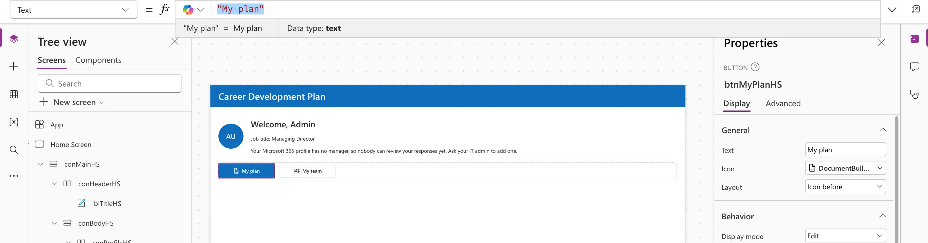 The formula bar with the Text property of btnMyPlanHS set to "My plan", the preview strip reading My plan, and the button on the canvas