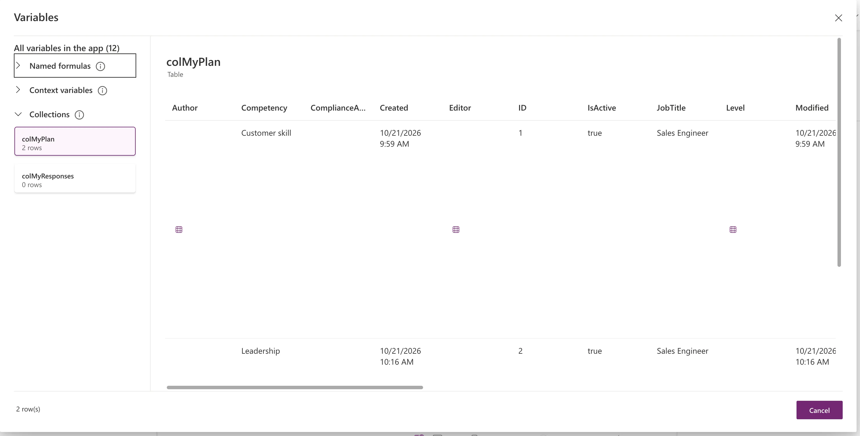 The Variables window with colMyPlan, 2 rows, selected, and a table with the columns Author, Competency, ComplianceAssetId, Created, Editor, ID, IsActive, JobTitle, Level and Modified, showing Customer skill and Leadership, both for Sales Engineer