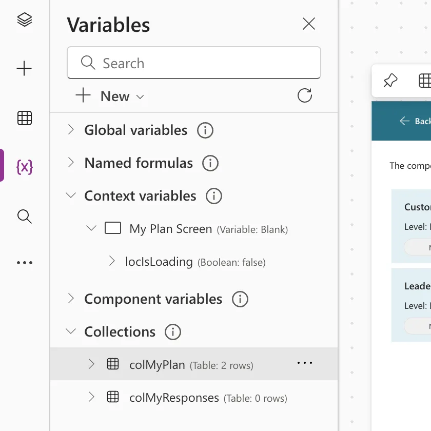 The Variables pane with Context variables expanded to My Plan Screen and locIsLoading, and Collections listing colMyPlan with Table: 2 rows and colMyResponses with Table: 0 rows